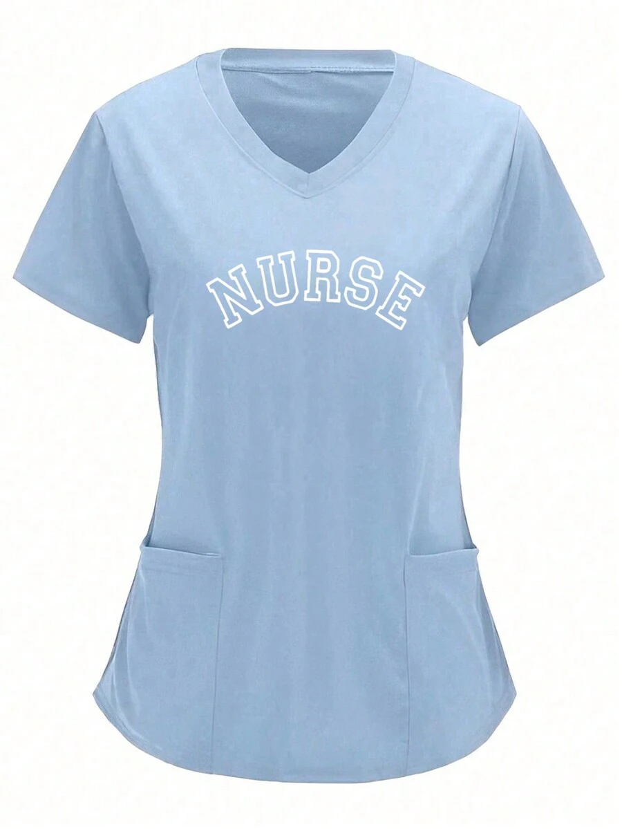 Nurse Letter Print V-Neck Scrub Top, Blue Breathable Uniform - Blue - View 1
