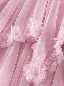 Women Layered Tulle Long Skirt, Fashion High Waist Solid Color Frill Trim Ruffle Midi Skirt