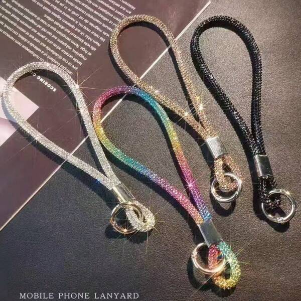 Cordino corto con marchio e strass, accessorio di lusso leggero per polso/telefono di alta gamma per donne