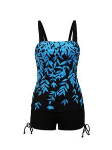 2Pcs Women Summer Swimwear, Leaf Print Padded Tank Tops + Solid Color Drawstring Shorts Swimsuit For Girls, 5 Colors - Sky Blue - View 3