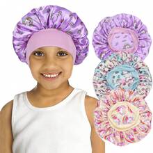 Awegeo 3 Pcs Children's Bonnets Printed Wide Edge Elastic Silky Soft Satin Bonnet, Casual And Comfortable Hair Cap, Sleeping Bonnet Turbans - 3PCS - View 12