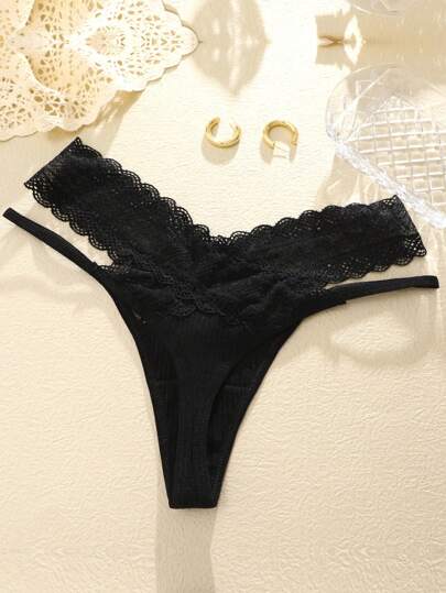 1pc Solid Color Lace Hollow Striped Sexy Breathable High-Waisted Women Thong Panty