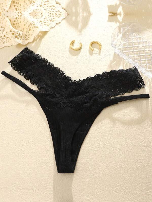 1pc Solid Color Lace Hollow Striped Sexy Breathable High-Waisted Women Thong Panty