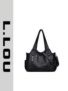 新款秋冬单肩手提包大容量手提包单肩斜跨包拉链装饰纯色休闲手提包蝙蝠包户外休闲包旅行包百搭通勤包 - 黑色 - 查看 6