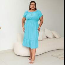 Midi Dress Duna Popcorn Fabric Princess Sleeve Women's Fashion Plus Size - Màu xanh Cadet - Xem 1