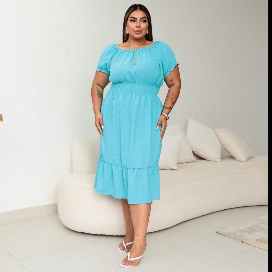 Midi Dress Duna Popcorn Fabric Princess Sleeve Women's Fashion Plus Size - Màu xanh Cadet - Xem 1