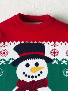 Young Boy Christmas Snowman Pattern Pullover Sweater For Spring, Autumn & Winter - Red - View 3