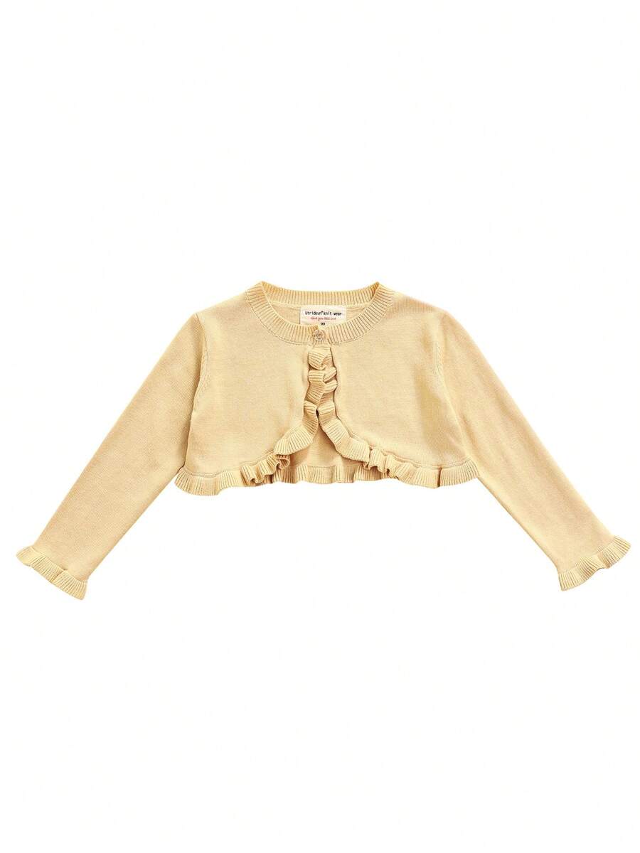Toddler Baby Girl Sweater Crop Top Knit Cardigan Long Sleeve Ruffled One Button Cute Outwear Kids Fall Shrug Cover Up - 杏色 - 查看 1