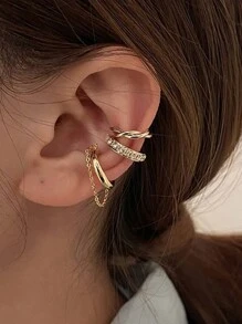 朋克风无耳洞粗圆夹式耳环，金色纹理圆线耳夹，粗犷耳夹，珠宝礼品 - 鑲鑽耳夾 - 查看 11
