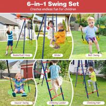 Homasis Swing Set For Backyard W/ 2 Height Adjustable Swings Glider Basketball Hoop - Red and Blue - View 7