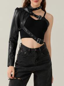Women Punk Style Crop Tops, Cool Single Long Sleeve Neck Hanger Leather Belt Connected Tops, Women Clothing - Negro - Ver 4