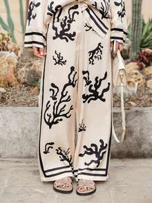 2 Pieces Women Set Front Button Long Sleeve Printed Casual Top And Pants