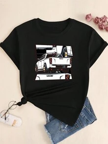 Cotton T-Shirt Comfort Streetwear Car Babylook Printed T-Shirt Summer - 黑色 - 查看 1
