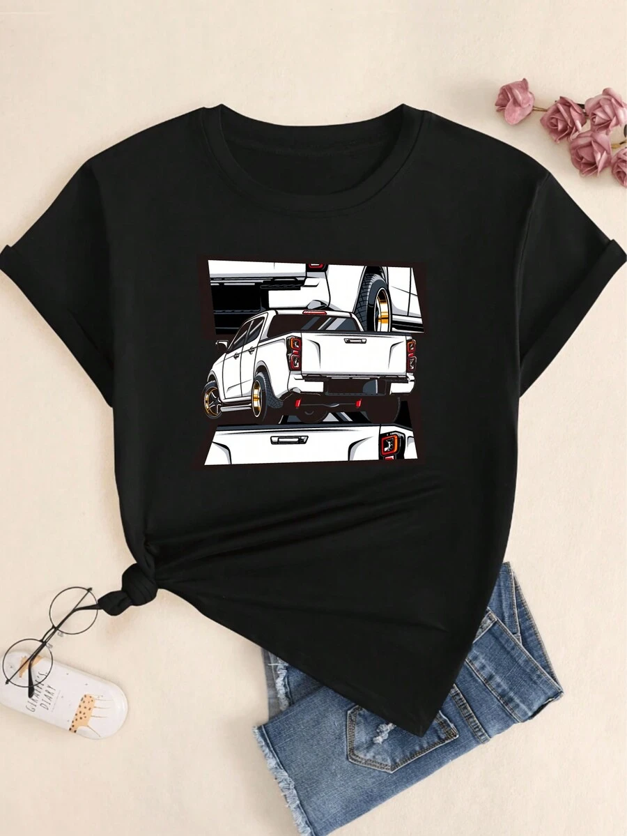 Cotton T-Shirt Comfort Streetwear Car Babylook Printed T-Shirt Summer - 黑色 - 查看 1