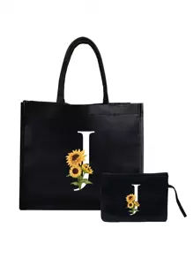 Bolsa de lona negra, que incluye una bolsa con iniciales impresas de la A a la Z y una bolsa pequeña impresa, con estampado de girasoles y flores, letras, flores, paquete de regalo personalizado, bolsa de lona negra - Negro - Ver 27