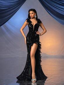 QOQ Błyszcząca, cekinowa, formalna sukienka damska, odpowiednia na przyjęcie urodzinowe, bal, przyjęcie koktajlowe, galę, rocznicę itp., letnia sukienka maxi, głęboki dekolt w serek, sukienka na zakończenie szkoły - Czarne - Zobacz 7