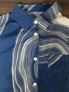 Women's Fashionable Printed Long Sleeve Shirt & Pants Set, Modest - Blue - View 4