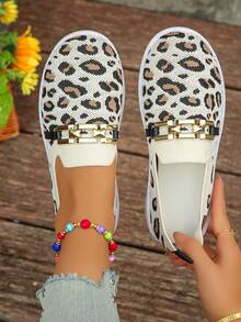 女士豹纹针织透气防滑橡胶底休闲运动鞋，金属装饰，适合户外运动，秋季日常穿着 - 豹紋色 - 查看 2