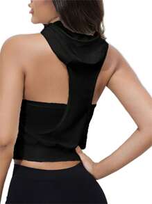Womens Hooded Tank Tops Solid Color Sleeveless Crop Hoodies With Pocket Casual Sportswear - Black - View 4