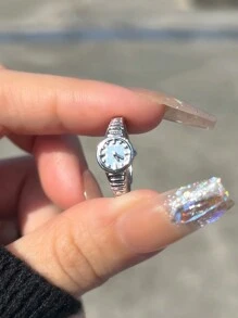 1 chiếc nhẫn đồng hồ giả bạc độc đáo, thời trang, quà tặng cho bé gái, nhẫn trang trí cho nữ, không có chức năng đeo. - Bạc - Xem 8