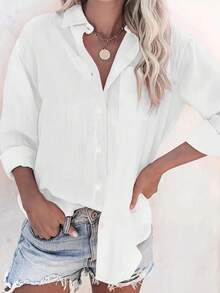 Solid Pocket Button Front Blouse, Versatile Long Sleeve Blouse For Spring & Fall, Women's Clothing - White - View 1