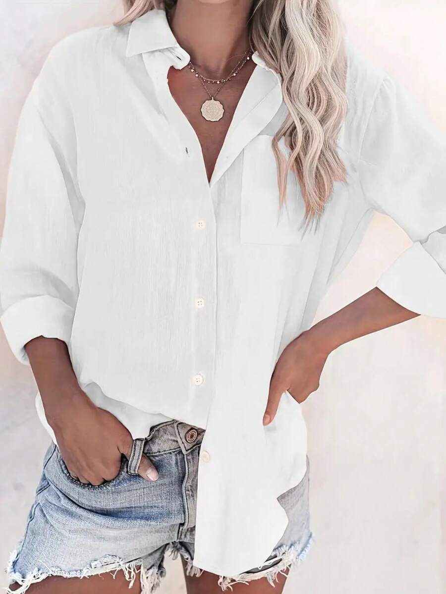 Solid Pocket Button Front Blouse, Versatile Long Sleeve Blouse For Spring & Fall, Women's Clothing - White - View 1
