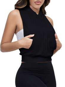 Womens Hooded Tank Tops Solid Color Sleeveless Crop Hoodies With Pocket Casual Sportswear - Black - View 3