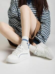 Alan Vincent 2025 Spring New Shoes For Women White Shoes Low Top Lace-Up Sneakers Comfortable Sport Shoes Ladies Flat Shoes Versatile For Shopping White And Blue Color Matching - Blue - View 8