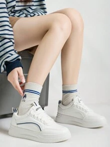 Alan Vincent 2025 Spring New Shoes For Women White Shoes Low Top Lace-Up Sneakers Comfortable Sport Shoes Ladies Flat Shoes Versatile For Shopping White And Blue Color Matching - Blue - View 7