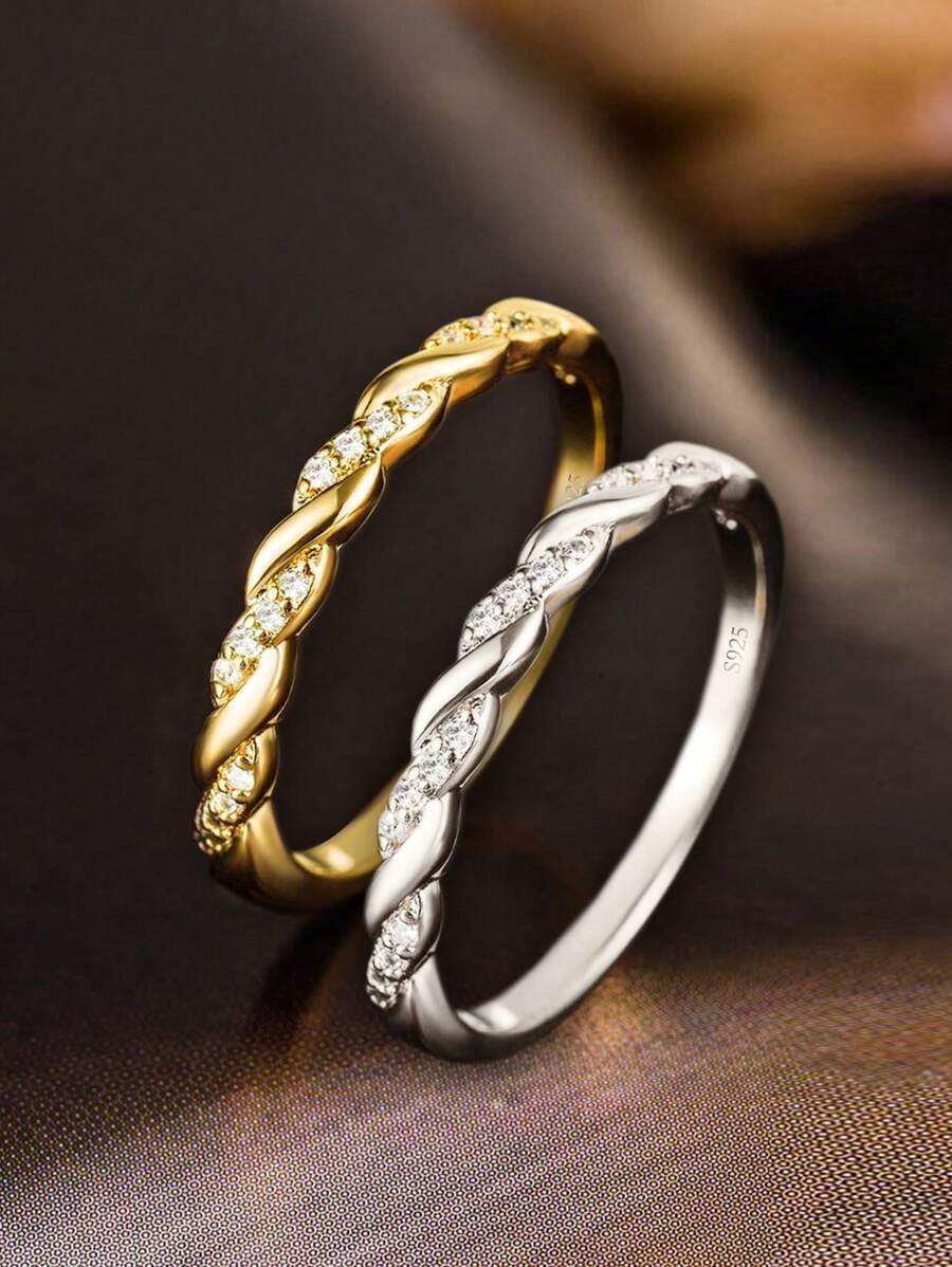 1pc Minimalist 925 Sterling Silver Micro-Inlaid Diamond Ring, Classic Versatile Thin Band, Suitable For Business Events/Daily Wear, High-Quality Jewelry Gift For Family And Friends - Gold - View 1