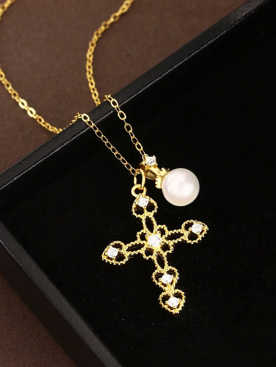 LEKANI 1 chiếc vòng cổ bạc Sterling S925, mặt dây chuyền ngọc trai Zirconia hình chữ thập rỗng cổ điển, phong cách cá nhân sang trọng thanh lịch thời trang, món quà tuyệt vời cho bạn gái/bạn thân - Vàng - Xem 1
