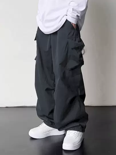 1 条青少年男孩宽松工装裤，带翻盖口袋和侧抽绳，户外休闲裤，夏季/秋季/冬季