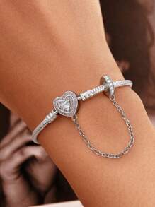 1 pièce Bracelet glamour en argent sterling 925 à perle en forme de cœur et en os de serpent de 16-22 cm pour femmes. Cadeau pour petite amie. Bijoux de qualité pour dames. Cadeau de la Saint-Valentin