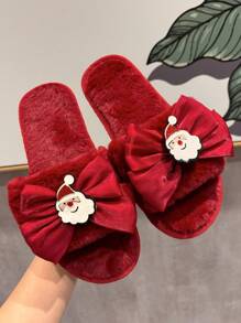 Women's Christmas Wine Red Shoes With Cute Red Bow, Fluffy Indoor Plush Slippers For Autumn/Winter, Comfortable Slip-On Soft Sole Elegant Santa Claus Cartoon Toe-Exposed Open Toe House Slippers