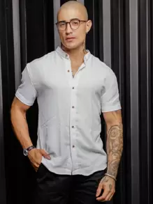 Men's Short Sleeve Dress Shirt With Priest Collar - Fresh Shirt - Comfortable - trắng - Xem 4