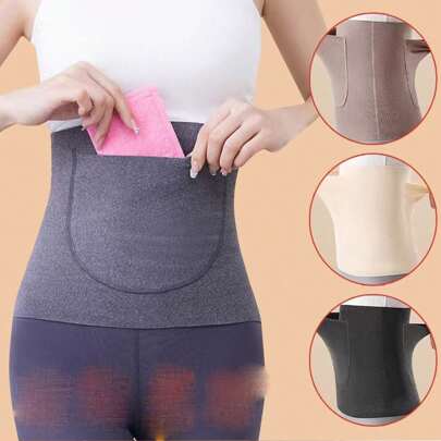 1pc Winter Thermal Double Pocket Waist Warmer Belt For Women, Warm Abdomen Protector With Pocket For Heating Pad, Thin Style