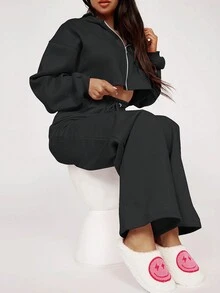 Women Casual Warm Hoodie And Sweatpants Suit Set - Black - View 4