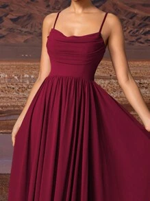 Elisanya AOSHABABI Burgundy Solid Draped Chiffon Elegant Formal Dress Gown, Suitable For All Formal Occasions, Gala, Wedding Guest, Music Festival, Holiday Party, Graduation Dance, Cocktail Party, Date, Vacation And Bridesmaid Dress
