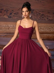 Elisanya AOSHABABI Burgundy Solid Draped Chiffon Elegant Formal Dress Gown, Suitable For All Formal Occasions, Gala, Wedding Guest, Music Festival, Holiday Party, Graduation Dance, Cocktail Party, Date, Vacation And Bridesmaid Dress