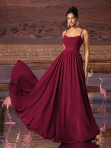 Elisanya AOSHABABI Burgundy Solid Draped Chiffon Elegant Formal Dress Gown, Suitable For All Formal Occasions, Gala, Wedding Guest, Music Festival, Holiday Party, Graduation Dance, Cocktail Party, Date, Vacation And Bridesmaid Dress