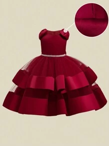 女童无袖网纱缎面蝴蝶结露背优雅派对礼服，适合花童、婚礼、宴会等场合，不含头饰