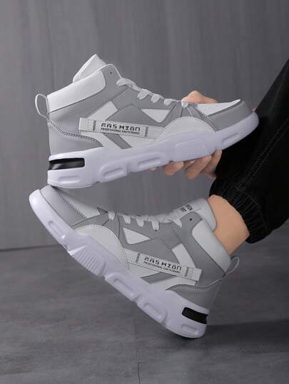 Men's Lace-Up Front Letter Print Contrast Color Dual Shoelace Fashion Outdoor High-Top Casual Sneakers