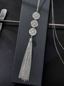 1 Pieza Collar Gargantilla de Cadena Larga de Plata Redondo Estilo Boho Chic con Colgante con Borla para Mujer Joyería para Fiesta Nocturna