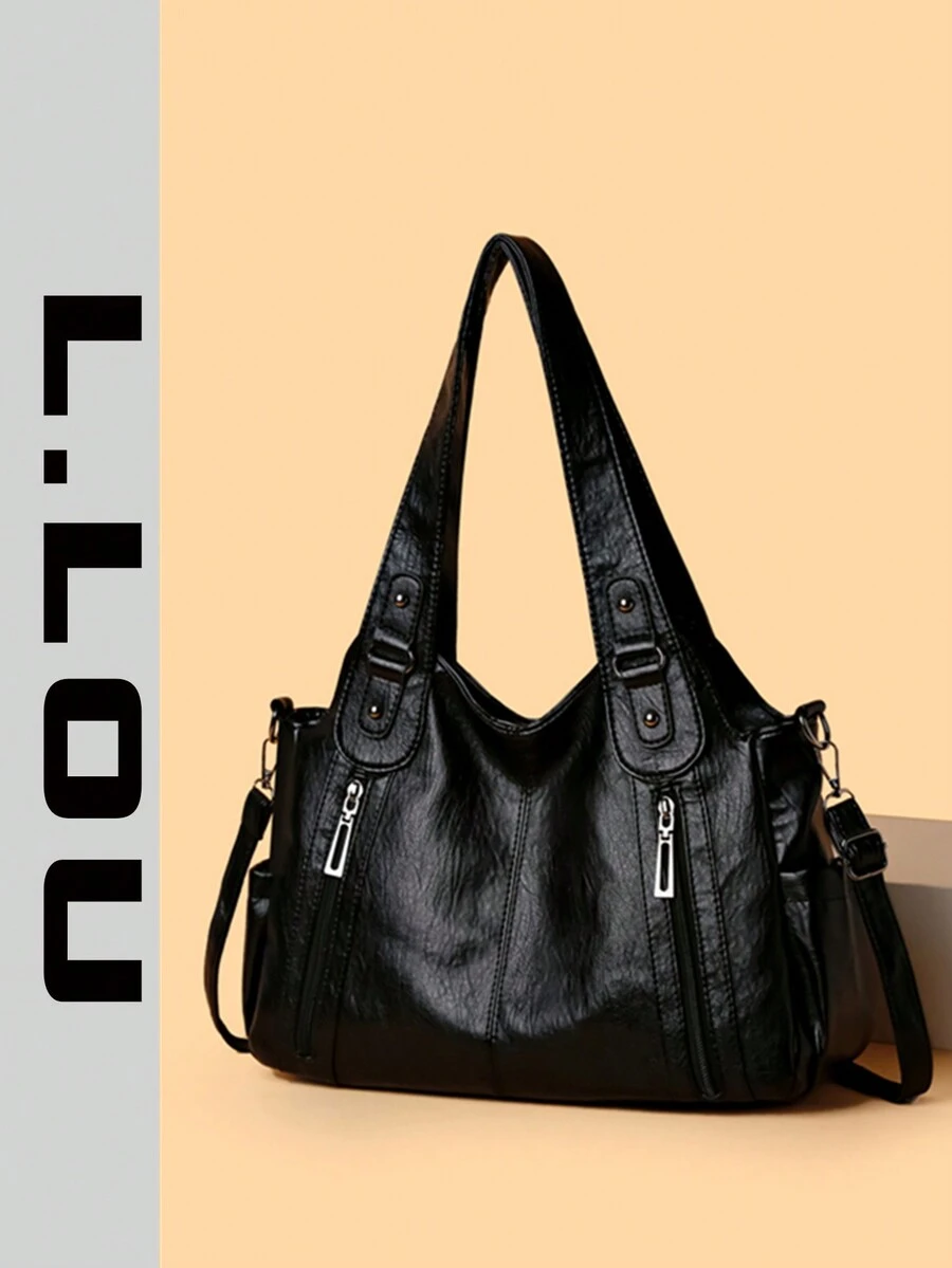 新款秋冬单肩手提包大容量手提包单肩斜跨包拉链装饰纯色休闲手提包蝙蝠包户外休闲包旅行包百搭通勤包