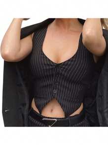 Conjunto de dos piezas para mujer, top de tirantes con cuello en V y estampado de rayas negras y falda de corte A, tallas S/M/L - Negro - Ver 6