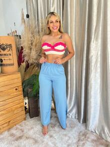 Women's Viscose Wide Leg Pants With Side Opening And Lining - 淺藍色 - 查看 3