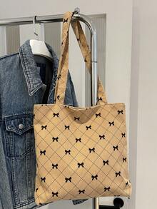 新款大容量手提包蝴蝶结图案单肩包时尚多功能百搭托特包女士 - 卡其色 - 查看 3