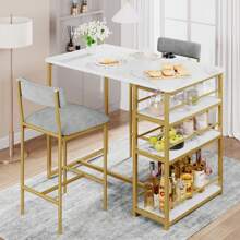 Mesa de bar con juego de taburetes de bar, mesa de bar con 2 taburetes de bar y 3 estantes laterales de 3 piezas. Juego de mesa de comedor, mesa de cocina, grupo de asientos industrial para comedor, cocina, sala de estar