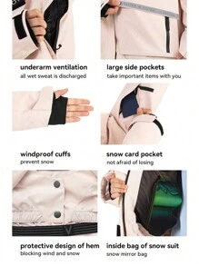 VECTOR MOTION 撞色滑雪夹克，男女通用设计，加厚，防风，防水，保暖，耐磨，透气，有弹性，轻质羊毛，适用于单双板滑雪滑雪服 - 淺粉色 - 查看 3