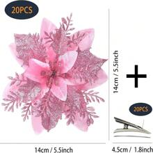 Lot de 20 décorations de Noël en forme de poinsettia avec clip, 14 cm, fleurs à paillettes pour décorations de Noël (rose)